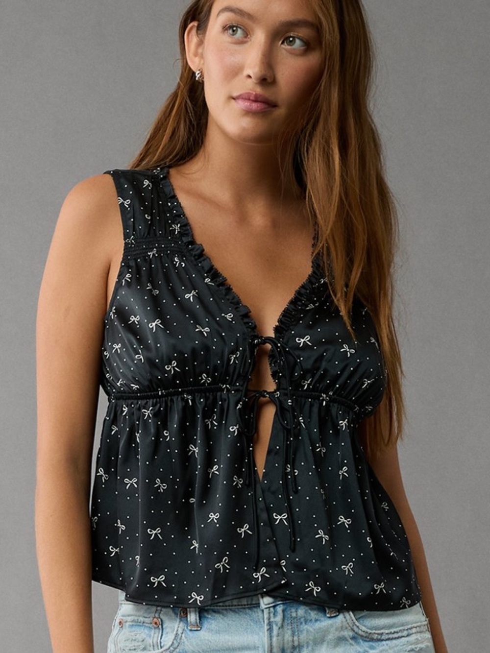 American Eagle Black Bow & Dot Print Tie-Front Sleeveless Satin Top Medium NWT